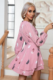 WOMEN FEATHER PRINTING MULTILAYER HEM V NECK DRESS