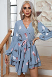 WOMEN FEATHER PRINTING MULTILAYER HEM V NECK DRESS