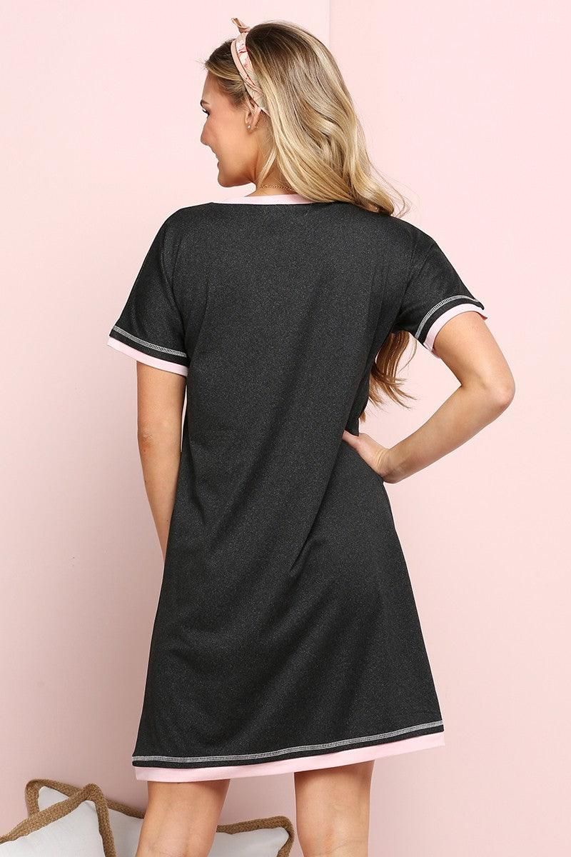 V-NECK SHORT SLEEVE SLEEPWEAR DRESS - Doublju