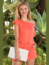 OFF SHOULDER ELASTIC WAIST ROMPER - Doublju