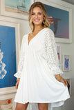 COTTON EYELET 3/4 SLEEVE DRESS - Doublju