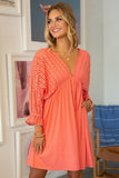 COTTON EYELET 3/4 SLEEVE DRESS - Doublju