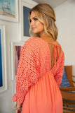 COTTON EYELET 3/4 SLEEVE DRESS - Doublju