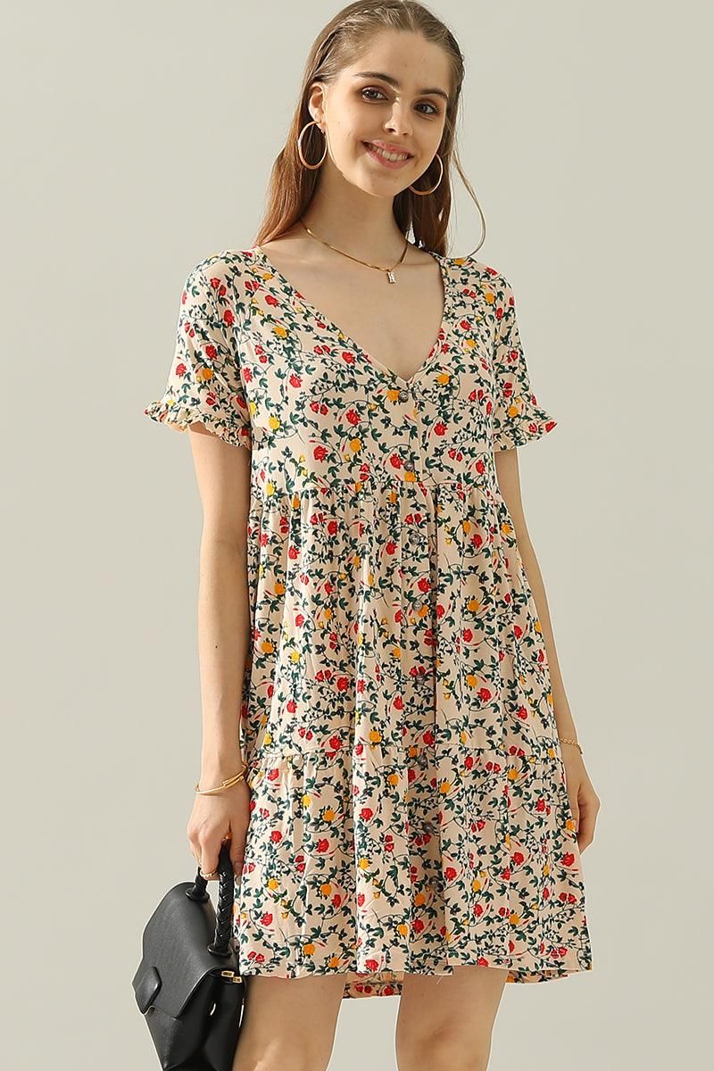 V NECK BUTTON DOWN WITH RUFFLE SLEEVE DRESS - Doublju