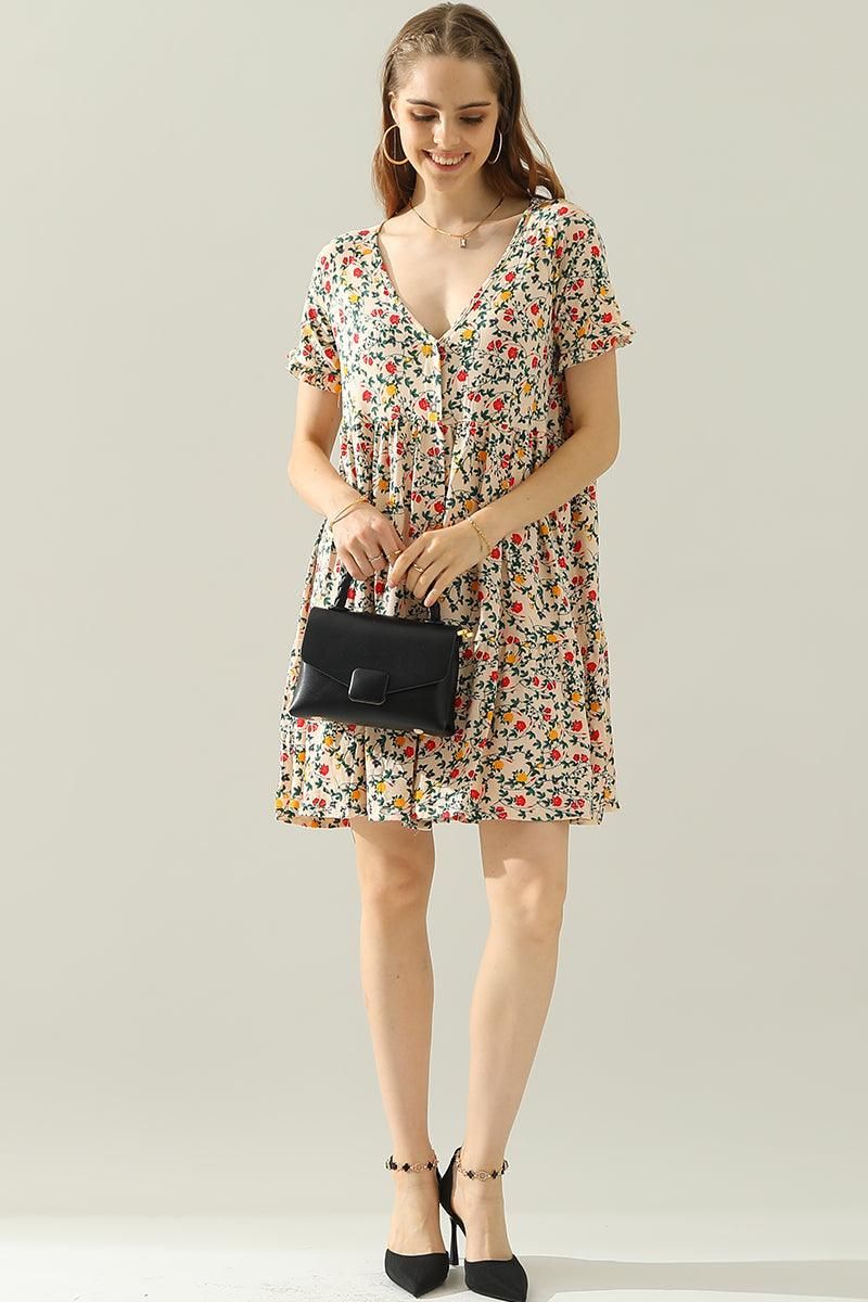 V NECK BUTTON DOWN WITH RUFFLE SLEEVE DRESS - Doublju