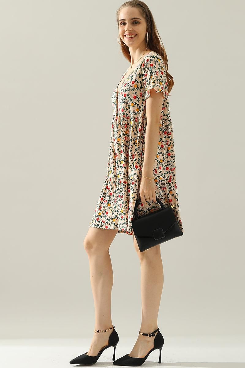 V NECK BUTTON DOWN WITH RUFFLE SLEEVE DRESS - Doublju