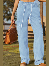 WOMEN ELASTIC DRAWSTRING WAIST CASUAL JEANS