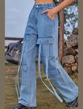 WOMEN ELASTIC WAIST DENIM CARGO PANTS JEANS