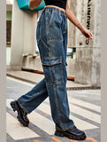 WOMEN COMFY ELASTIC WAIST DENIM CARGO JEANS