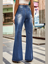 WOMEN FLARE WASHED DENIM PANTS CASUAL JEANS