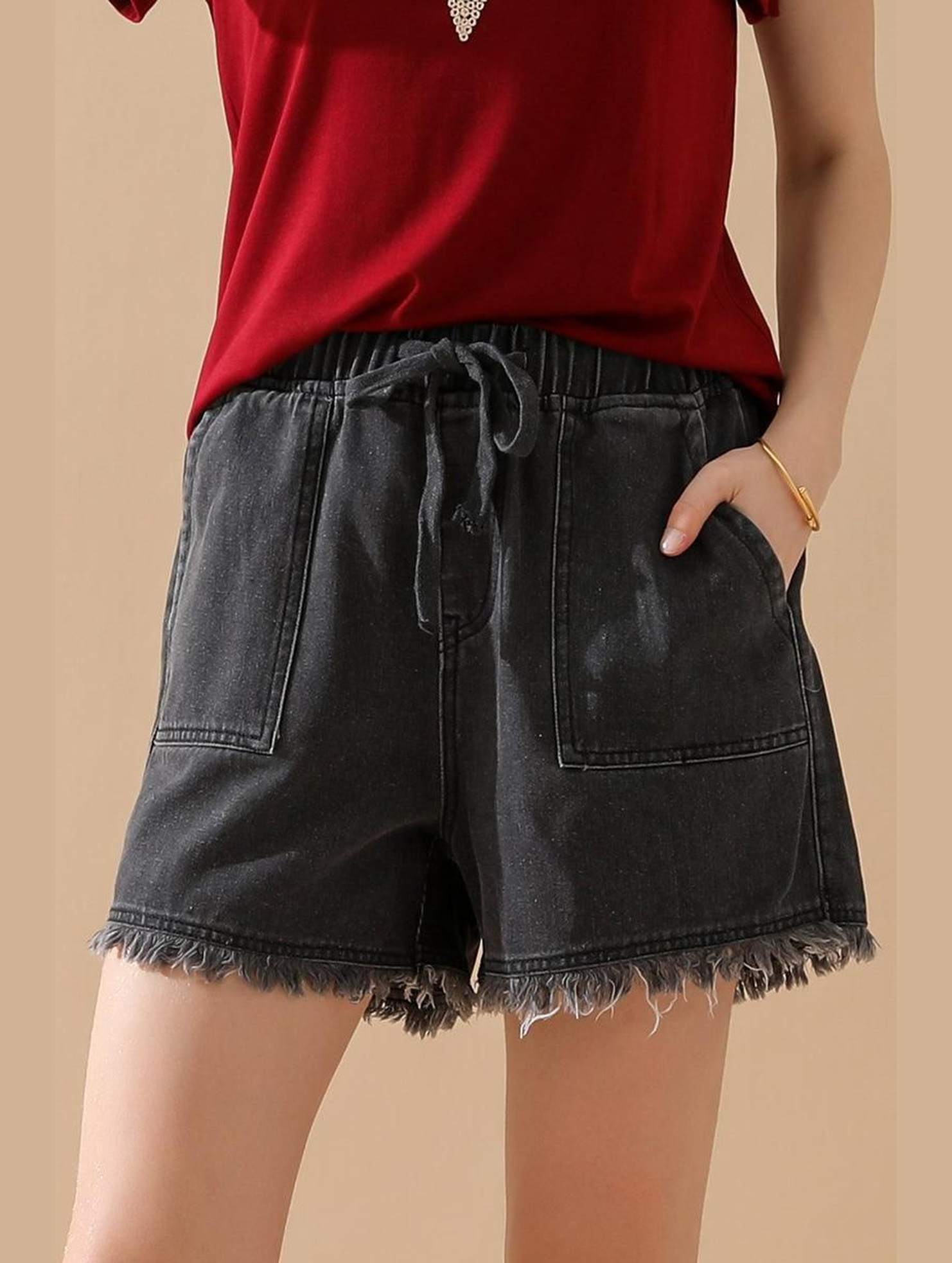 ELASTIC WAIST CASUAL DENIM SHORTS - Doublju