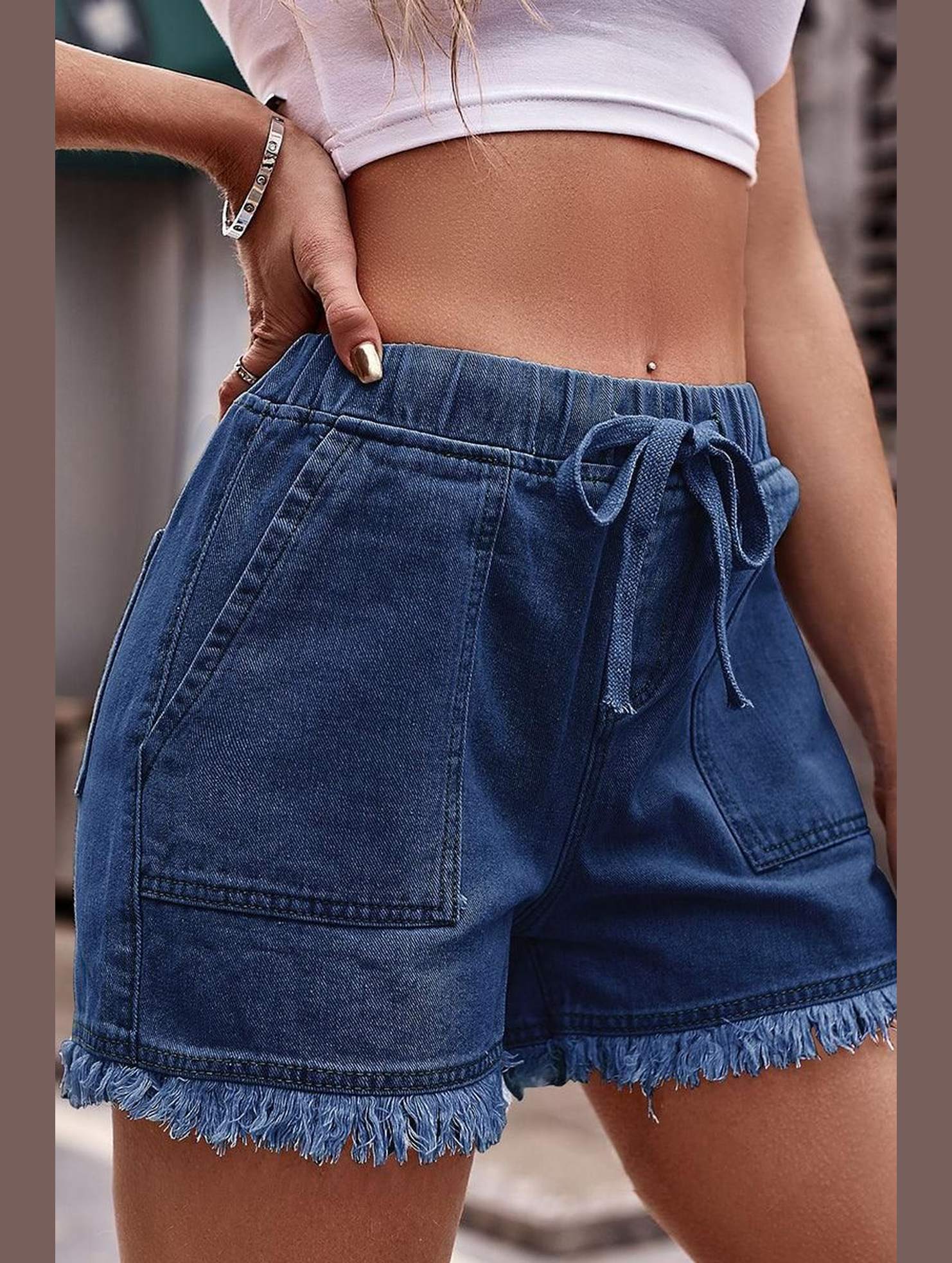 ELASTIC WAIST CASUAL DENIM SHORTS - Doublju