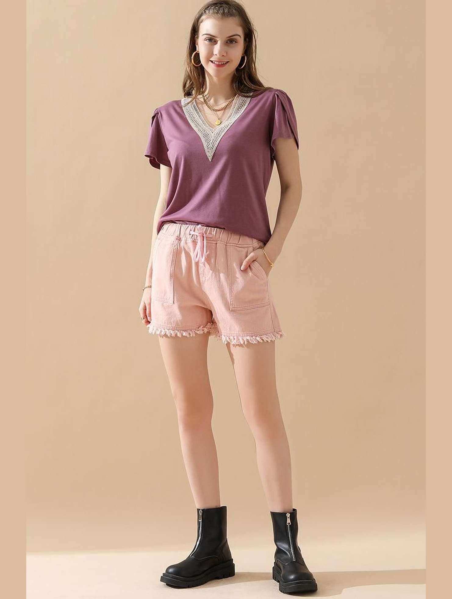 ELASTIC WAIST CASUAL DENIM SHORTS - Doublju