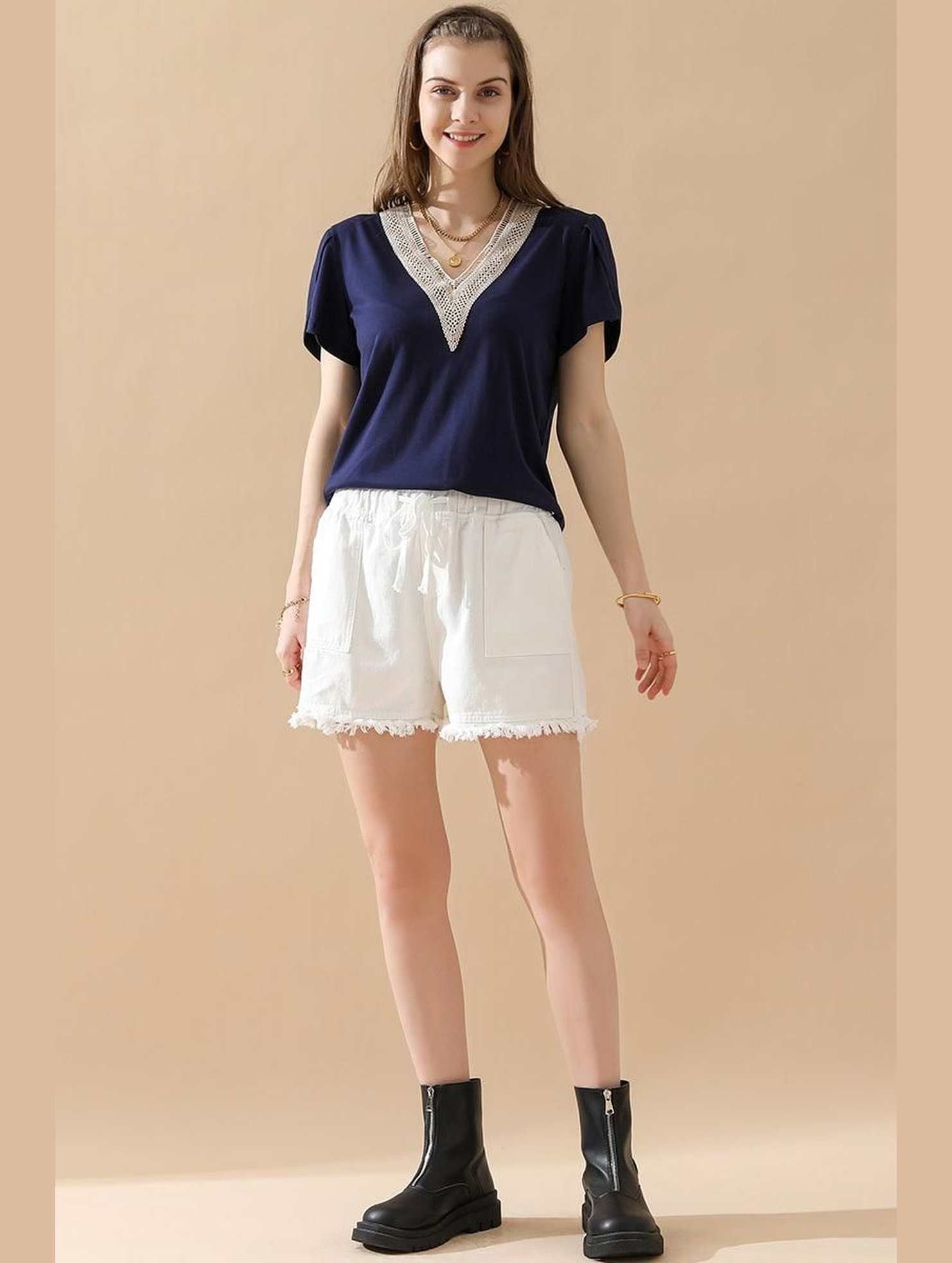 ELASTIC WAIST CASUAL DENIM SHORTS - Doublju