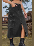 WOMEN FRONT SPLIT LONG LENGTH DENIM SKIRT