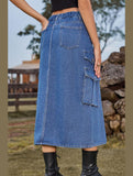 WOMEN FRONT SPLIT LONG LENGTH DENIM SKIRT