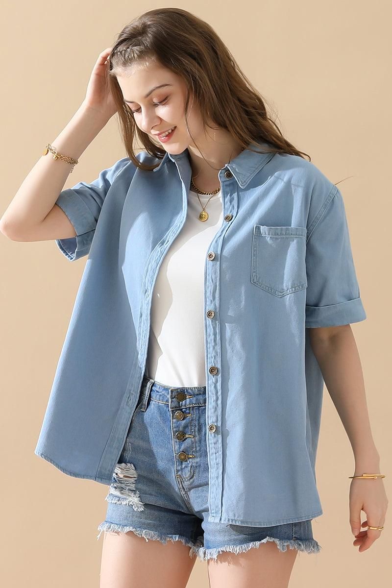 DENIM ROLL UP SHORT SLEEVES ONE POCKET SHIRTS - Doublju