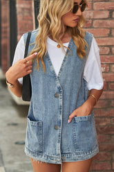 V NECK FADED DENIM BUTTON UP POCKET VEST - Doublju