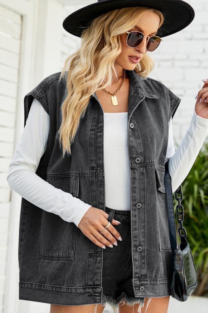 FADED DENIM BUTTON UP FLAT POCKET COLLAR VEST - Doublju
