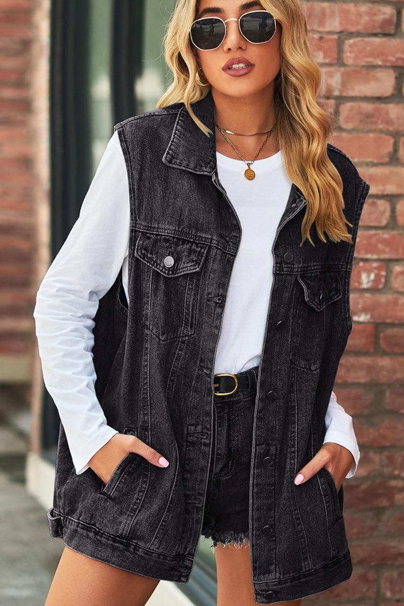 VINTAGE BUTTON UP POCKET COLLAR DENIM VEST - Doublju
