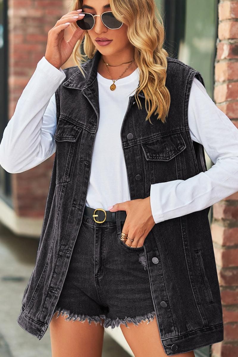 VINTAGE BUTTON UP POCKET COLLAR DENIM VEST - Doublju