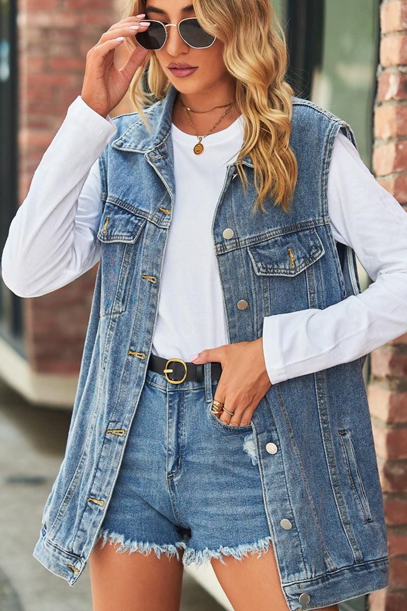 VINTAGE BUTTON UP POCKET COLLAR DENIM VEST - Doublju