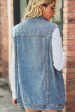 VINTAGE BUTTON UP POCKET COLLAR DENIM VEST - Doublju