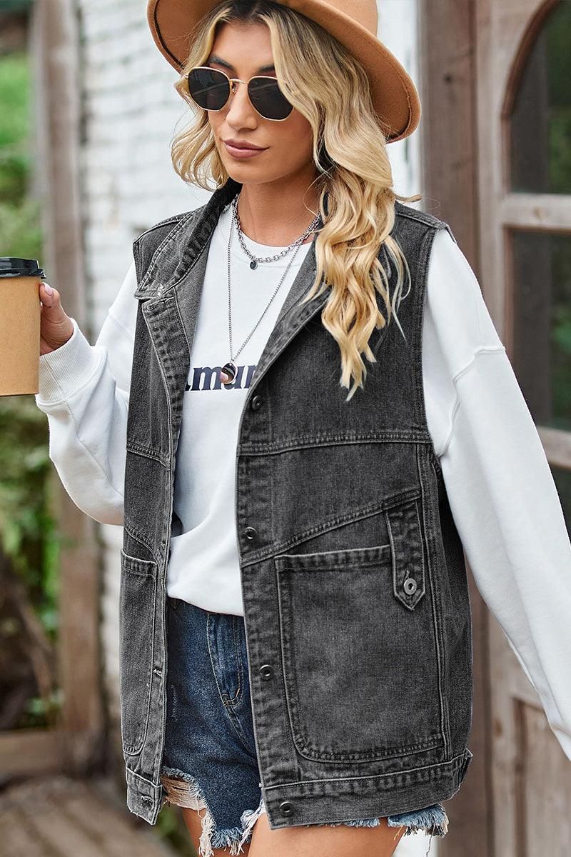VINTAGE BUCKELE POCKET COLLAR DENIM VEST - Doublju