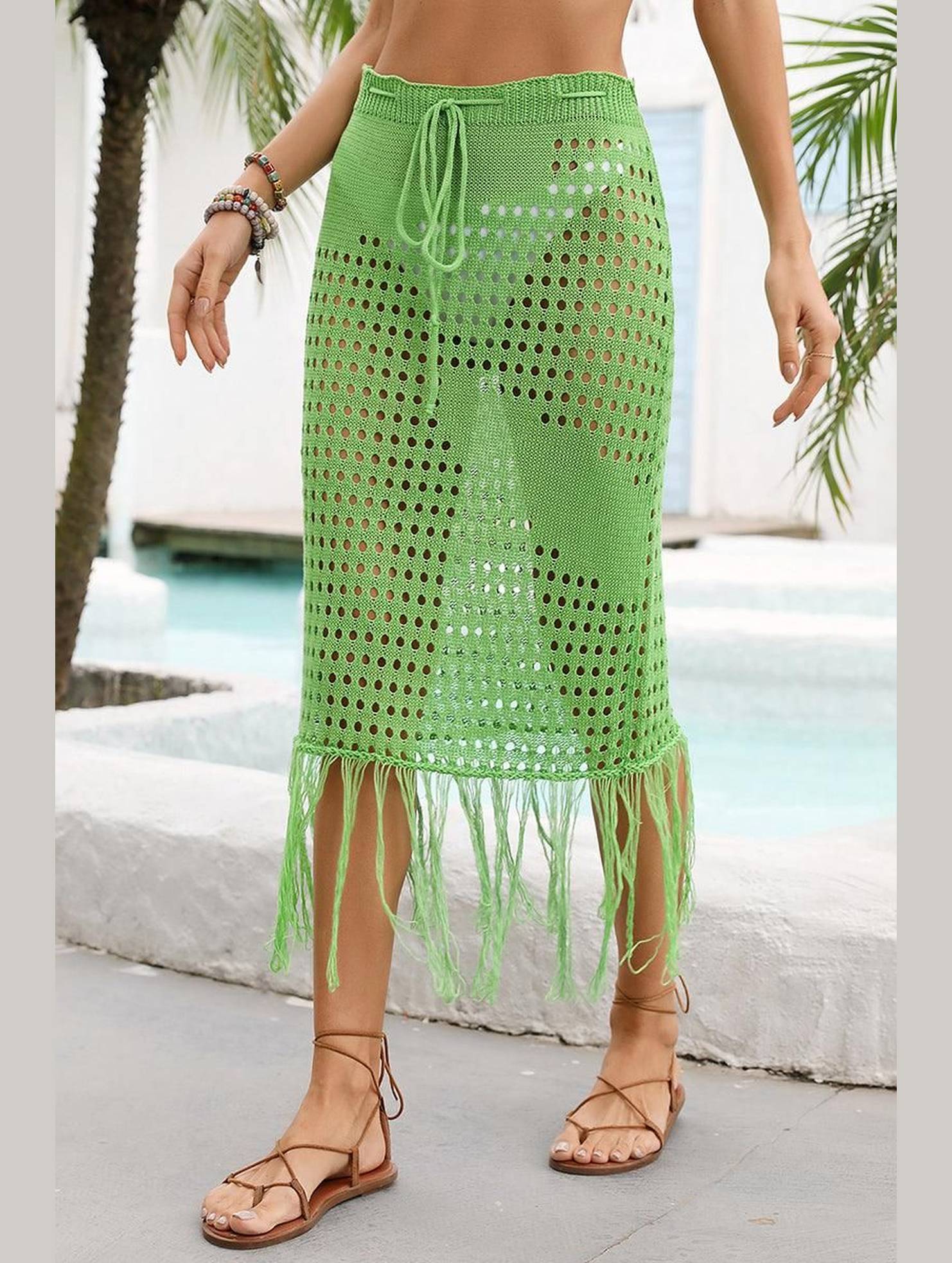 HOLLOW KNIT DRAWSTRING WAIST COVER UP SKIRT - Doublju