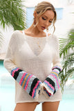 STRIPED LONG SLEEVE HOLLOW KNIT SWIM COVER UP - Doublju