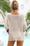 STRIPED LONG SLEEVE HOLLOW KNIT SWIM COVER UP - Doublju