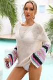 STRIPED LONG SLEEVE HOLLOW KNIT SWIM COVER UP - Doublju