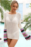 STRIPED LONG SLEEVE HOLLOW KNIT SWIM COVER UP - Doublju