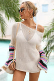 STRIPED LONG SLEEVE HOLLOW KNIT SWIM COVER UP - Doublju