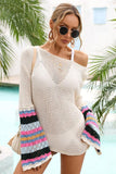 STRIPED LONG SLEEVE HOLLOW KNIT SWIM COVER UP - Doublju
