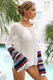 STRIPED LONG SLEEVE HOLLOW KNIT SWIM COVER UP - Doublju