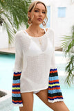 STRIPED LONG SLEEVE HOLLOW KNIT SWIM COVER UP - Doublju