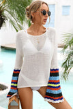STRIPED LONG SLEEVE HOLLOW KNIT SWIM COVER UP - Doublju