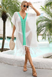 COLOR LINED TASSEL DETAIL HOLLOW KNIT COVER UP - Doublju