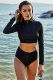 LONG SLEEVE ZIP UP TWO PIECE SWIMSUIT - Doublju