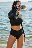 LONG SLEEVE ZIP UP TWO PIECE SWIMSUIT - Doublju