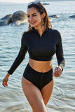 LONG SLEEVE ZIP UP TWO PIECE SWIMSUIT - Doublju