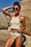 STRAP HALTER NECK LACE DETAILED TWO PIECE SWIMSUIT - Doublju