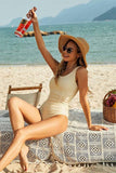 SIMPLE U NECK SHRRING ONE PIECE SWIMSUIT - Doublju
