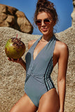 SIDE LINE TWISTED WAIST HALTER NECK SWIMSUIT - Doublju