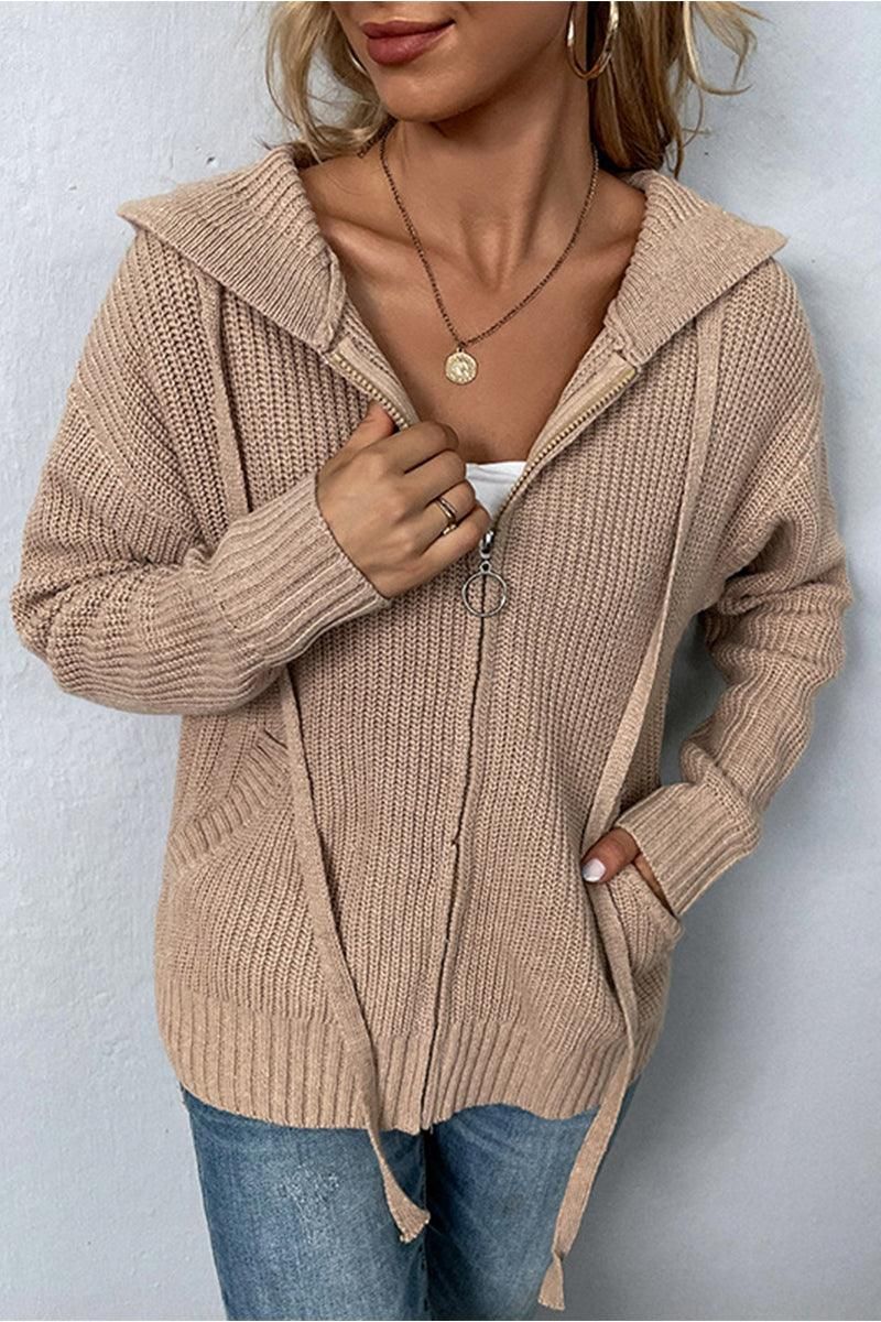 WOMENS KNITTED ZIP UP HOODIE CARDIGAN - Doublju