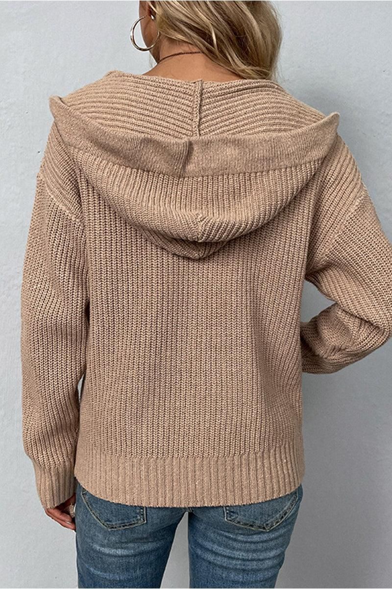 WOMENS KNITTED ZIP UP HOODIE CARDIGAN - Doublju
