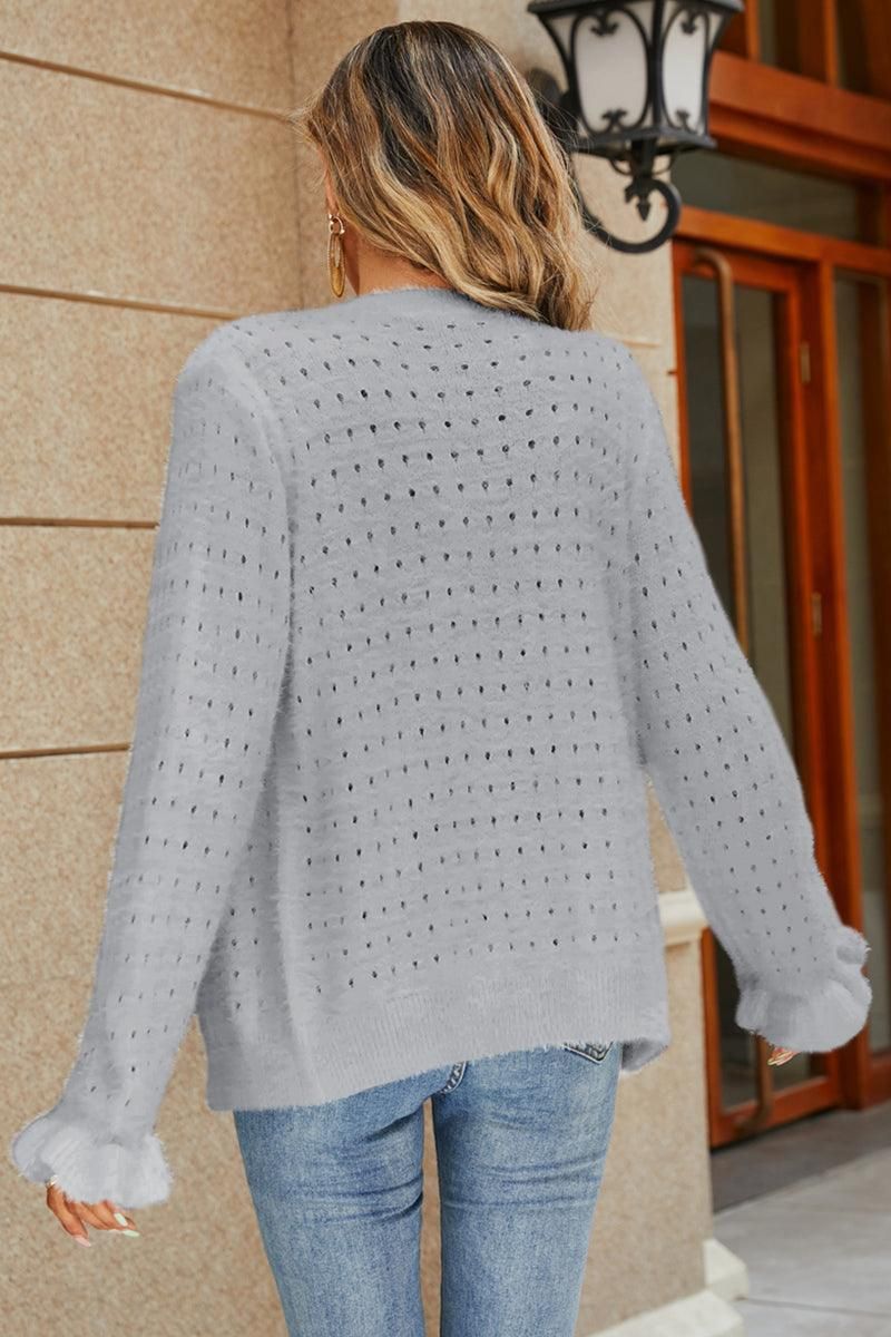 WOMENS LONGSLEEVE RUFFLED DETAIL CARDIGAN - Doublju