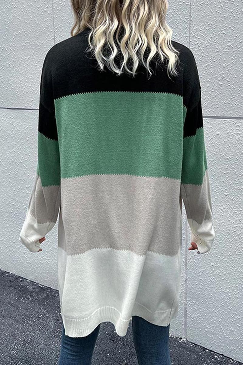 COLOR BLOCK OPEN FRONT CASUAL CARDIGAN - Doublju
