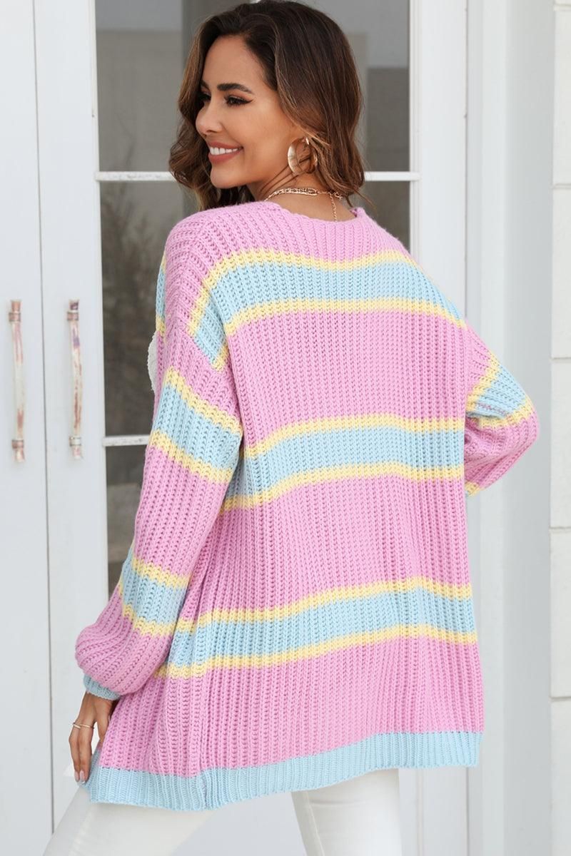 WOMEN OPEN FRONT OVERSIZED COLOR BLOCK CARDIGAN - Doublju